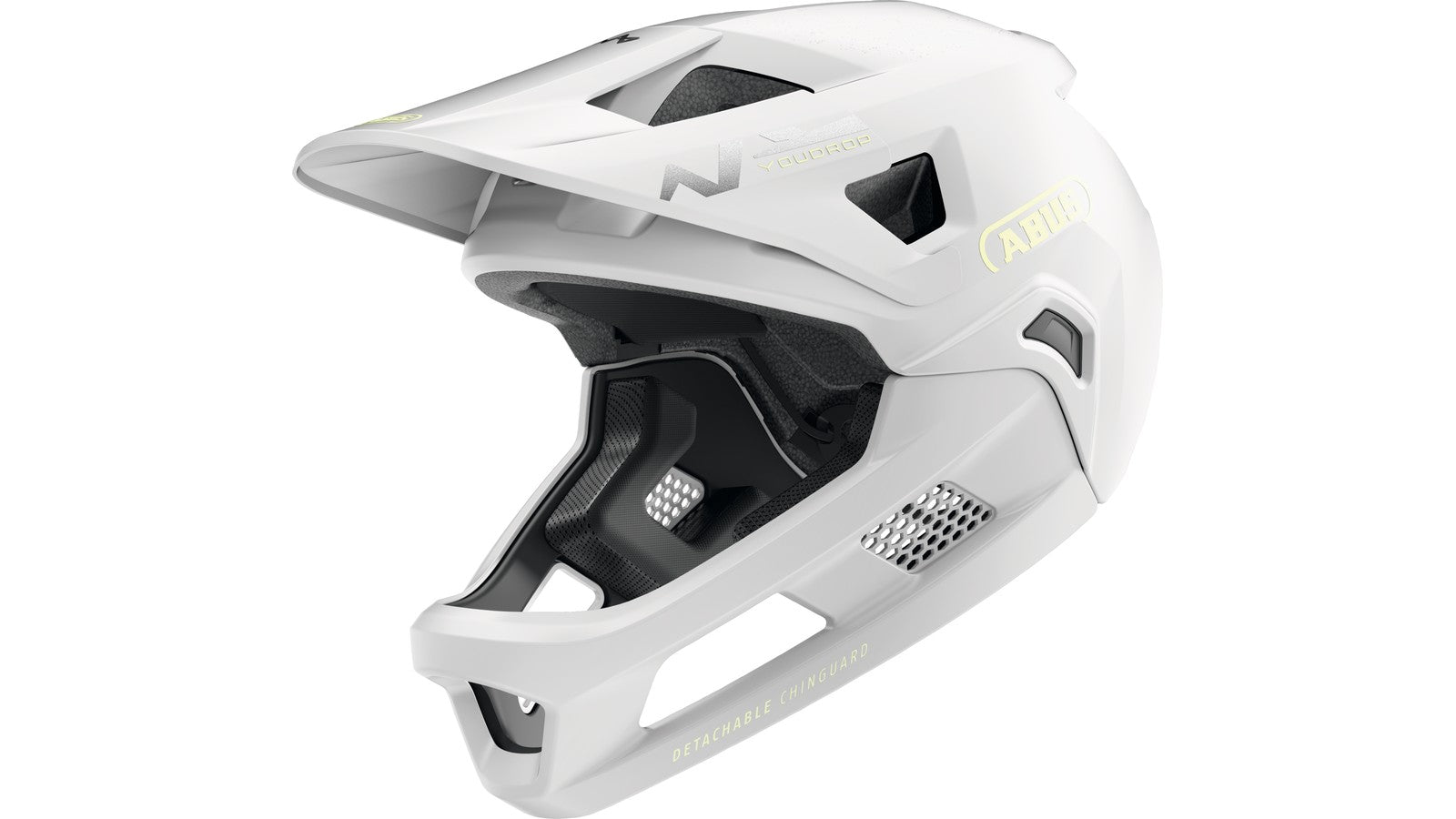 Casque VTT integral enfant Abus Youdrop FF blanc avec mentonniere amovible pour securite optimale