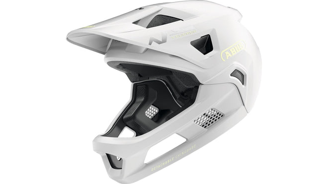 Casque VTT integral enfant Abus Youdrop FF blanc avec mentonniere amovible pour securite optimale