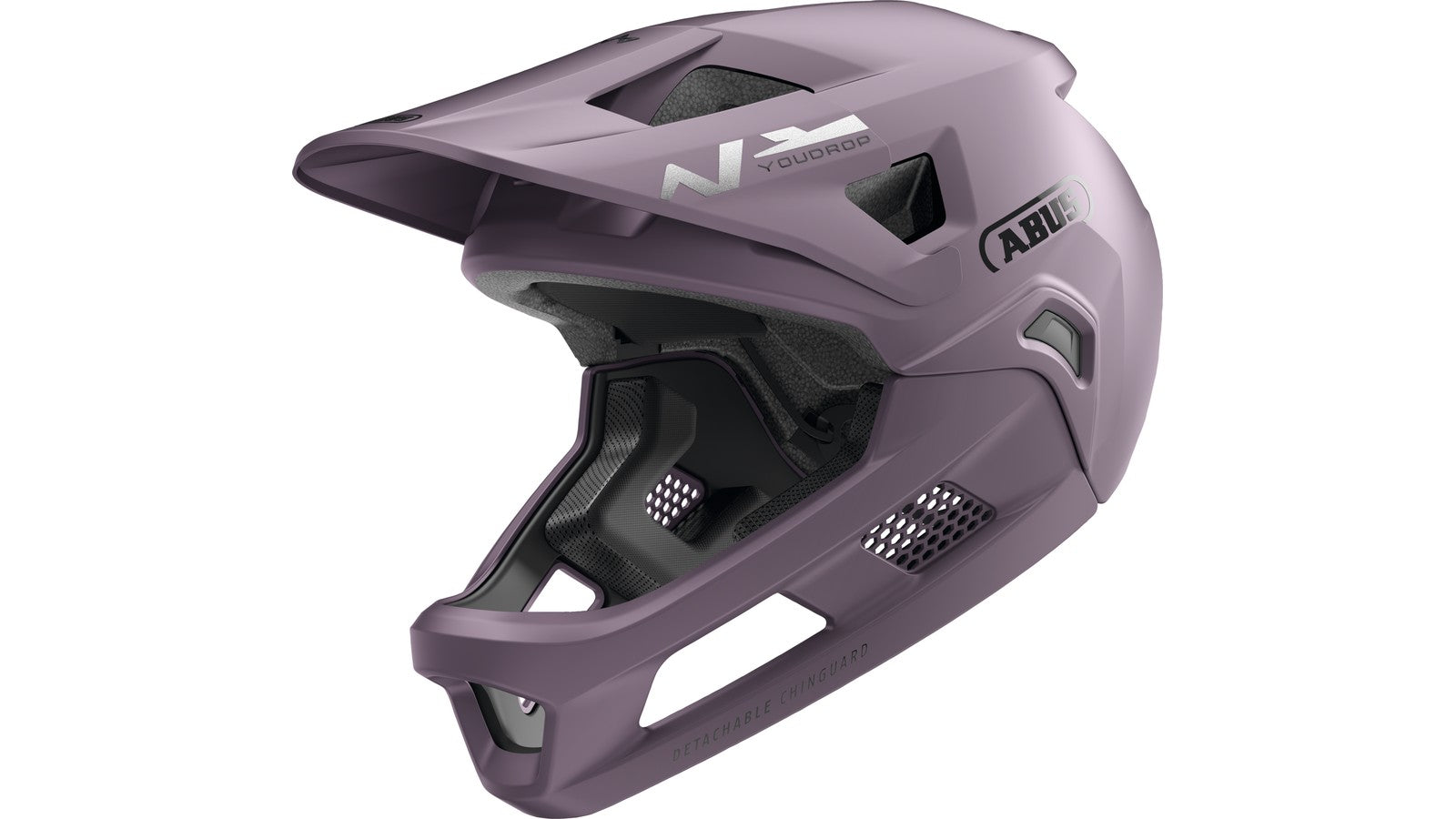 Casque VTT integral enfant Abus Youdrop FF couleur lilas avec mentonniere amovible pour securite renforcée