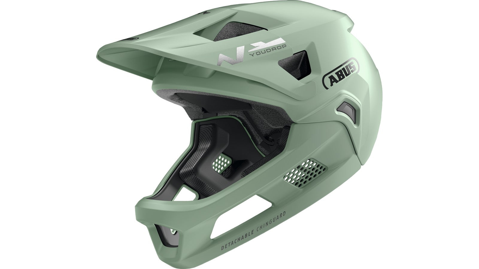 Casque VTT integral enfant Abus Youdrop FF couleur sage green vue de profil avec mentonniere amovible