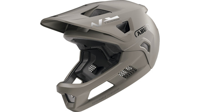 Casque VTT intégral enfant Abus Youdrop FF couleur taupe vue de profil avec mentonnière amovible