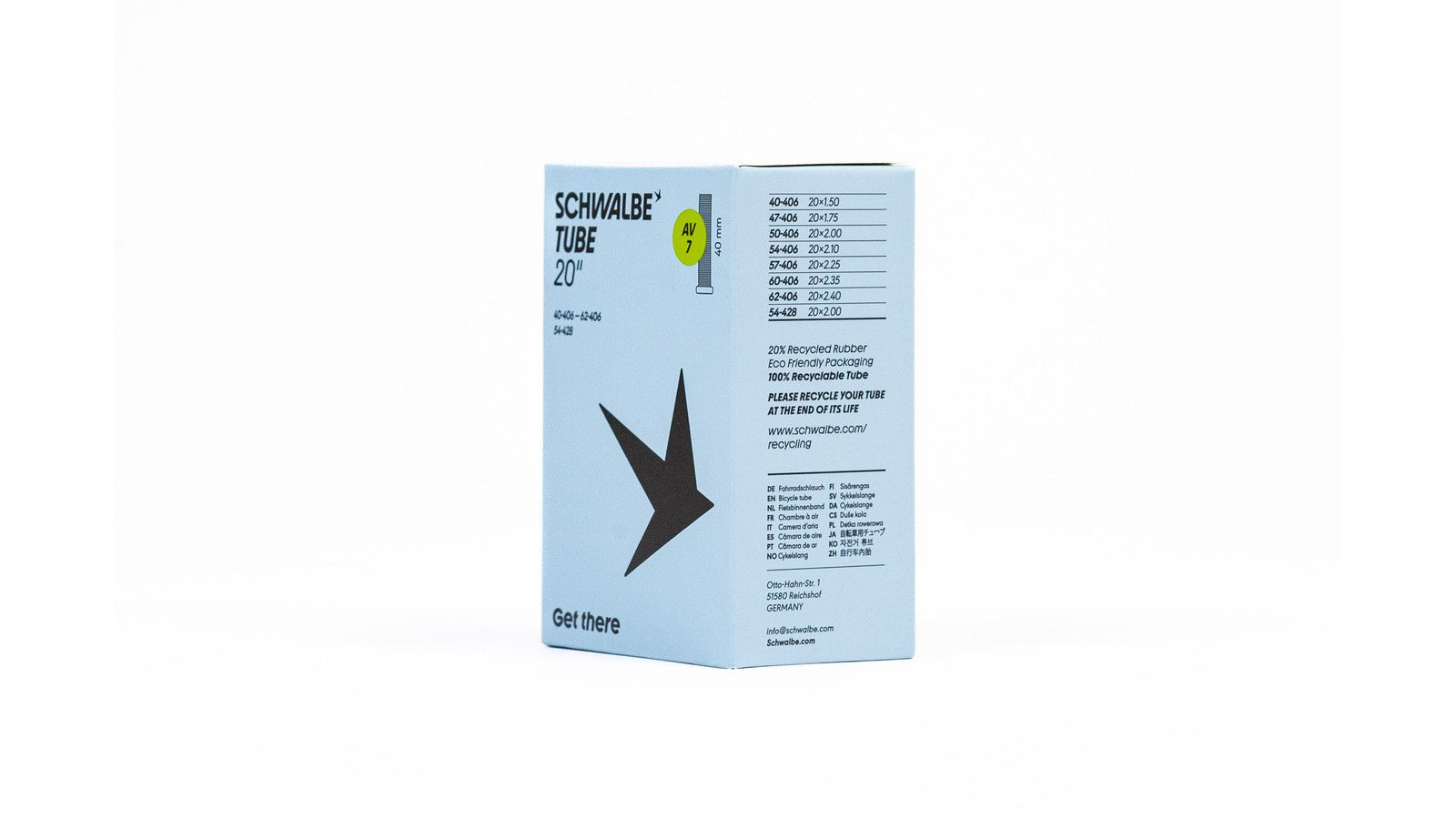 Emballage chambre a air Schwalbe 20 pouces avec valve Presta et Schrader 40 mm pour velo