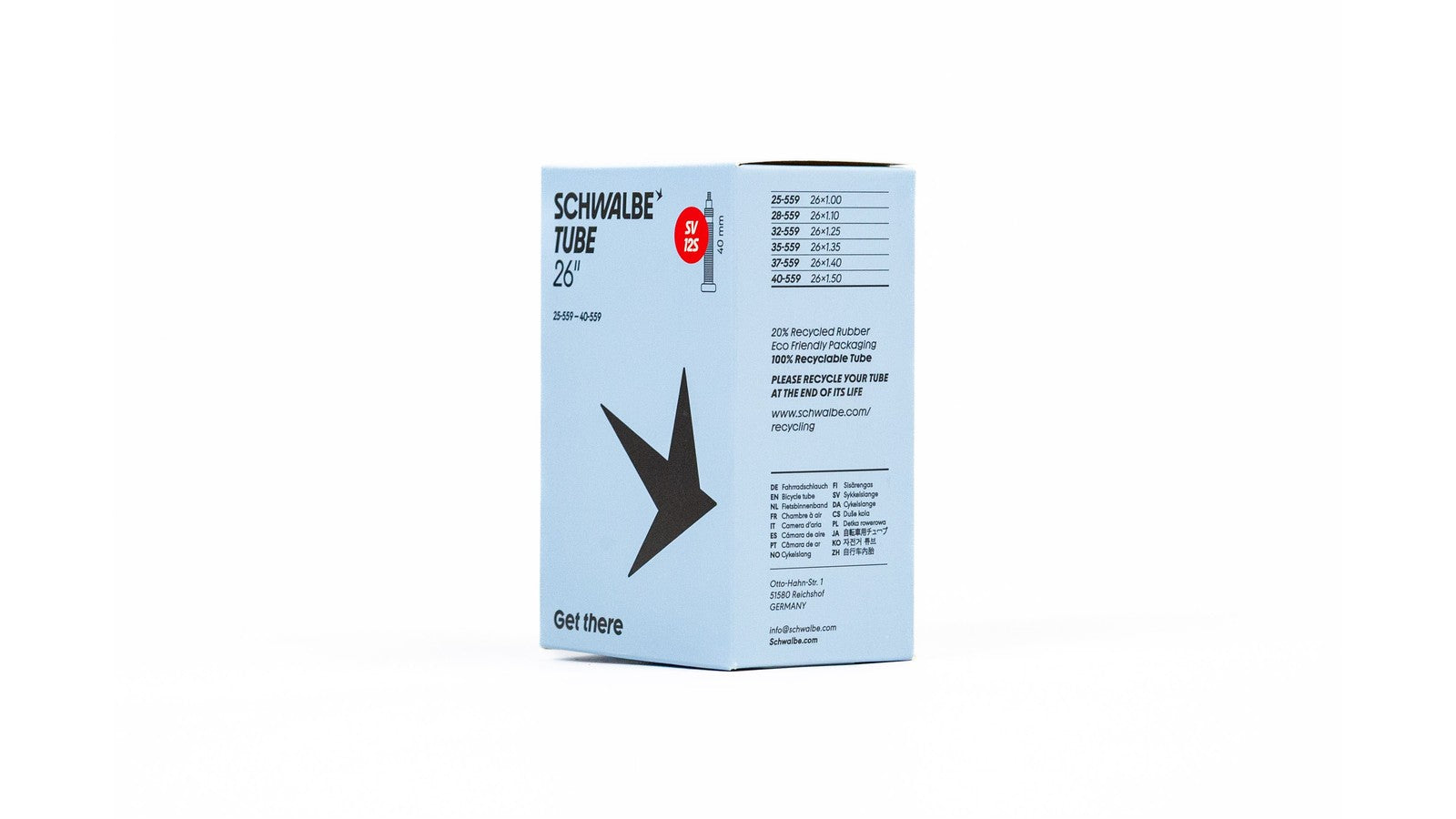 Emballage chambre a air Schwalbe 26 pouces compatible valves Presta 40-60 mm et Schrader 40 mm