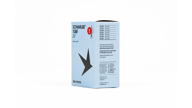 Emballage chambre a air Schwalbe 26 pouces avec valves Presta 40-60 mm et Schrader 40 mm eco-responsable