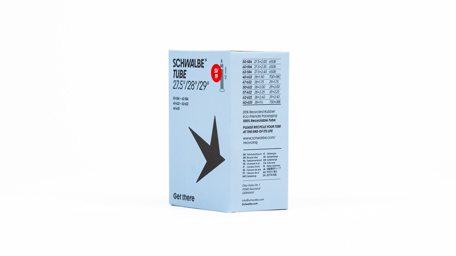 Packaging chambre a air Schwalbe 700 29 pouces avec valves Presta et Schrader 40 50 60 mm vue arriere