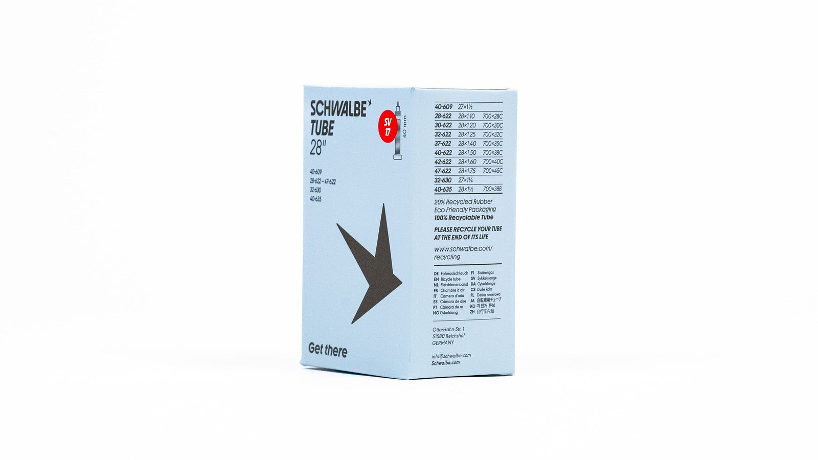 Emballage chambre a air Schwalbe 700 29 pouces avec valves Presta et Schrader 40 mm
