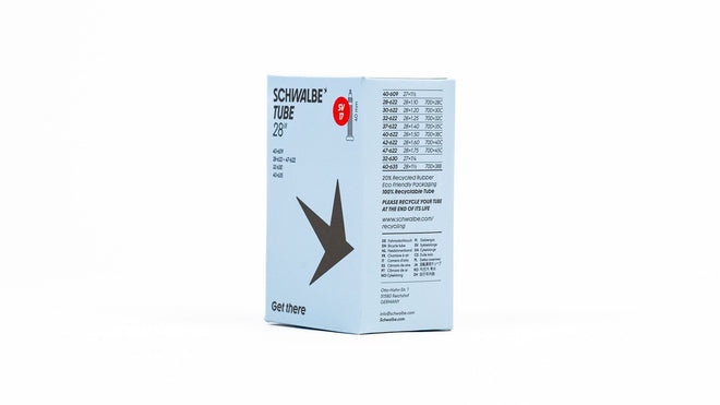 Emballage chambre a air Schwalbe 700 29 pouces avec valves Presta et Schrader 40 mm