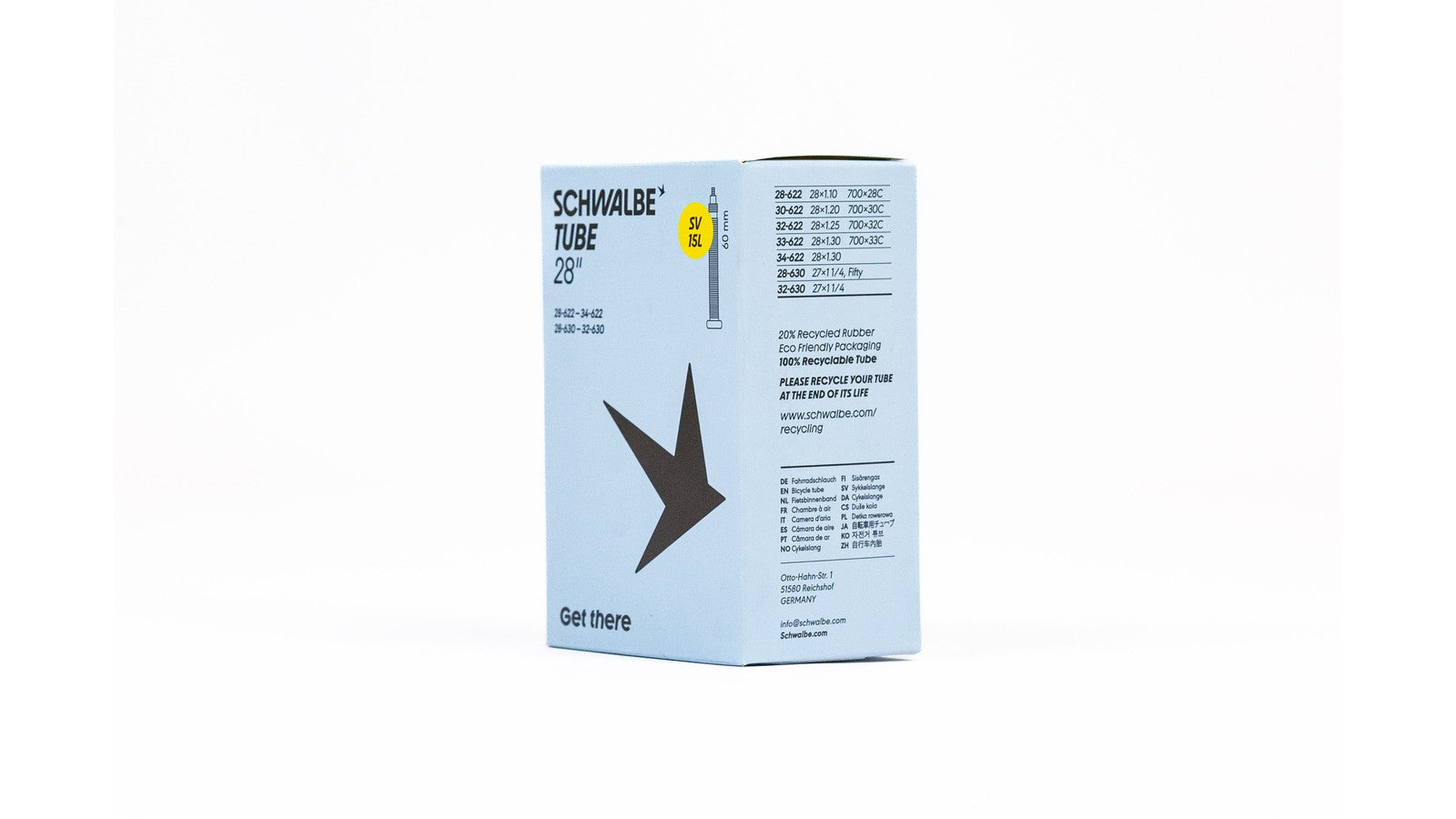 Emballage chambre a air Schwalbe 700 29 pouces avec valve SV 60 mm eco-responsable et recyclable