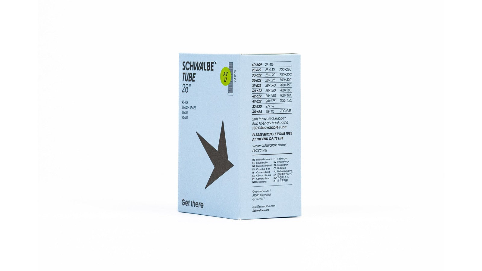 Packaging chambre a air Schwalbe 700 29 pouces avec valves Presta et Schrader eco-responsable et recyclable