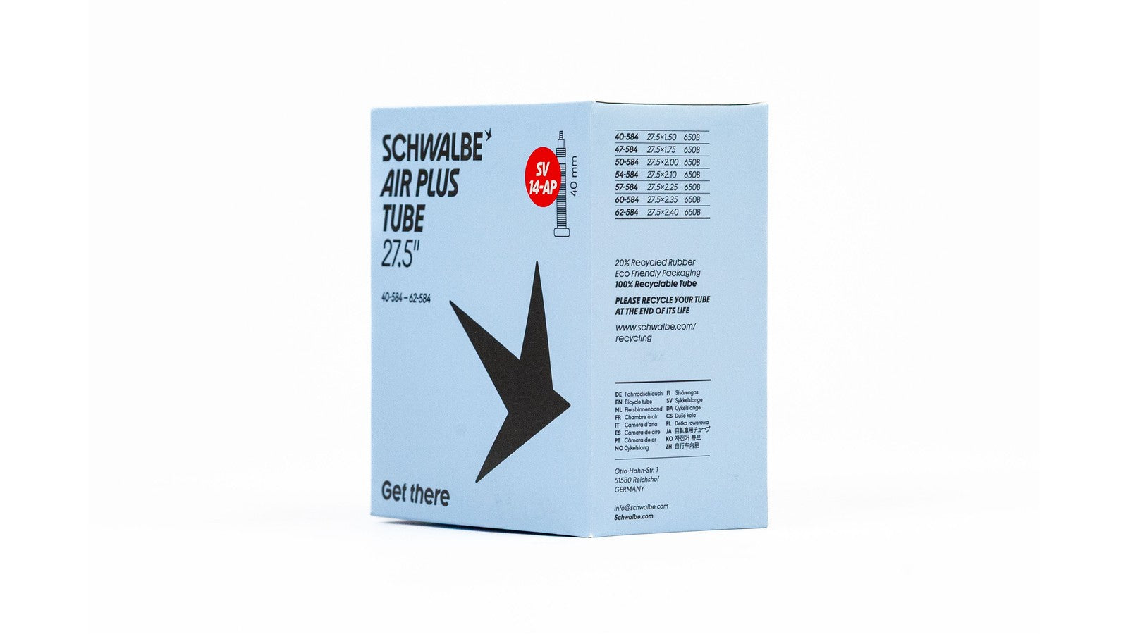 Chambre à air Schwalbe Air Plus 27.5 pouces avec valve Presta 40 mm, résistante aux crevaisons